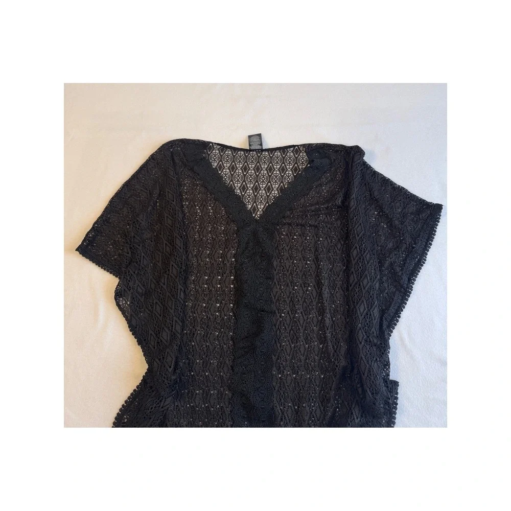 Boho Catalina Swim Cover Up Women Medium Black Crochet Lace Geometric Kaftan‎